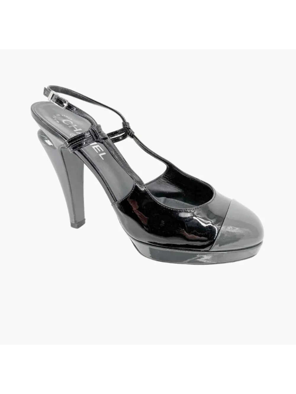 Chanel Cap Toe Slingback Pump Size 38.5 US 7.5-8 Black Patent Platform High Heel